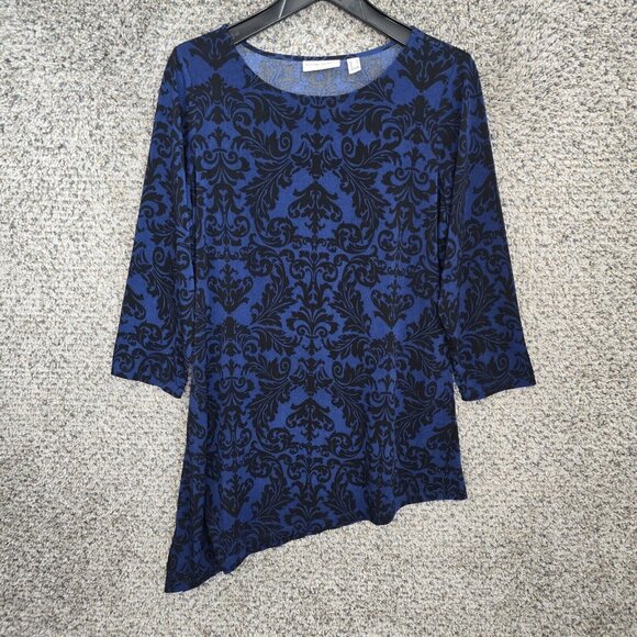 Susan Graver Top Womens Medium Blue‎ Liquid Knit Printed Assymetrical Hem - Picture 1 of 7